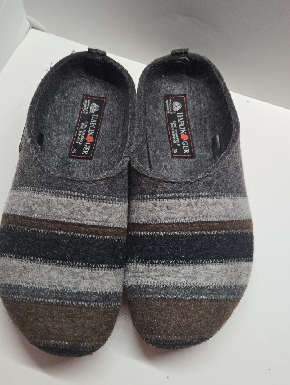 Haflinger Striped Felt Slip-Ons in Gray, Light Gray & Brown Size 39